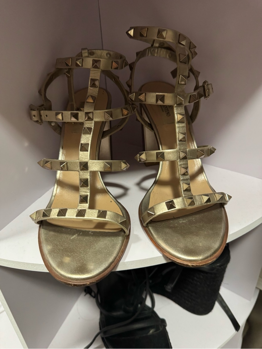 Valentino Gold Studded T-Strap Heeled Sandals